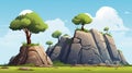 Cartoon Prehistoric Game Asset: Trees And Rocks On A Headland