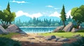 2d Cartoon Prehistory Game Asset: Estuary With Trees, Stones, And Hill