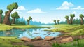 Cartoon Prehistoric Game Asset Marsh With Trees, Stones, And Hill