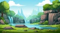 2d Cartoon Prehistory Game Asset: Waterfall With Trees And Stones