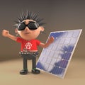 3d cartoon punk rocker with spiky hair next to solar panel renewable energy device, 3d illustration