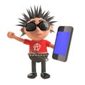 3d cartoon punk rocker with spiky hair using a smartphone tablet device, 3d illustration