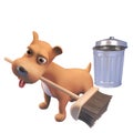 3d cartoon puppy dog character sweeping with a broom near a trash can, 3d illustration