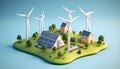 3D cartoon render of Wind turbines and solar panels Green energy concept Royalty Free Stock Photo