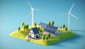 3D cartoon render of Wind turbines and solar panels Green energy concept Royalty Free Stock Photo