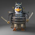 3d cartoon samurai penguin warrior in full armour weilding dual katana swords, 3d illustration