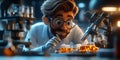 3D cartoon scientist analyzing samples, lab equipment close-up
