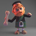 3d cartoon Scottish man in kilt throwing a bone, 3d illustration