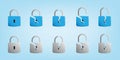 3D cartoon set collection of padlock which open, close, and broken in blue and grey color