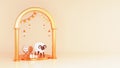 3D Cartoon Sheep With Dhol Drum, Gift Boxes, Lanterns Hang, Bunting Flags, Golden Arch On Glossy Background