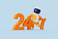 3D cartoon space boy leaning on 24 7 text. 24hr customer service. Royalty Free Stock Photo