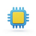 3D Cartoon Style Blue Microchip Processor with Yellow Square Center on White Background computer chip Royalty Free Stock Photo