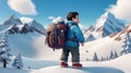 3D cartoon style fat boy in mountaineering suit against the backdrop of beautiful snowy mountains.generative AI