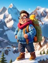 3D cartoon style fat boy in mountaineering suit against the backdrop of beautiful snowy mountains.generative AI