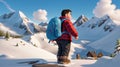 3D cartoon style fat boy in mountaineering suit against the backdrop of beautiful snowy mountains.generative AI