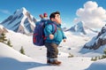 3D cartoon style fat boy in mountaineering suit against the backdrop of beautiful snowy mountains.generative AI