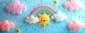 3D cartoon style, with many pastel-colored clouds, sun, and rainbow with raindrops on them Royalty Free Stock Photo