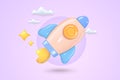 3d cartoon style minimal spaceship rocket icon. Toy rocket upswing ,spewing smoke. Startup, space, business concept