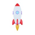 3d cartoon style minimal spaceship rocket icon. Toy rocket upswing ,spewing smoke. Startup, space, business concept. 3d