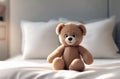 3D cartoon style. Plush teddy bear. Collectable teddy bear on the bed