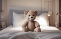 3D cartoon style. Plush teddy bear. Collectible teddy bear on bed