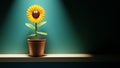 3d cartoon sunflower character in flower pot on shelf in spotight Royalty Free Stock Photo