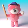 3d cartoon teddy bear with pink fur wearing baseball hat and holding baseball bat and ball, 3d illustration