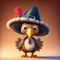 a 3D cartoon thanksgiving turkey wearing a pilgrim hat