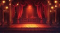 2D cartoon theater stage with red curtains and spotlights. Theatre interior with empty wooden scene separated with