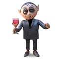 3d cartoon of a thirsty Halloween vampire dracula drinking blood red wine from a glass, 3d illustration