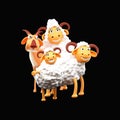 3D Cartoon Three Sheep And Goat Illustration On Black