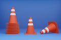 3D cartoon 3d traffic cones with white and orange stripes isolated on the blue background Royalty Free Stock Photo