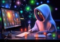 3D cartoon using laptops and sitting in chairs. Cute cartoon working, playing social media, technology futuristic, poster. AI