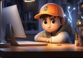 3D cartoon using laptops and sitting in chairs. Cute cartoon working, playing social media, technology futuristic, poster. AI