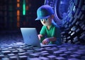 3D cartoon using laptops and sitting in chairs. Cute cartoon working, playing social media, technology futuristic, poster. AI