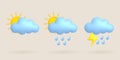 3d cartoon weather icons set. Sun, rain, cloud, lightning, thunderstorm Royalty Free Stock Photo