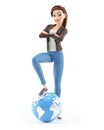 3d cartoon woman foot on the earth