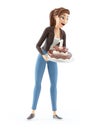 3d cartoon woman holding birthday cake