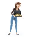 3d cartoon woman holding briefcase full of gold bars Royalty Free Stock Photo