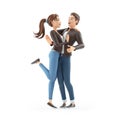 3d cartoon woman hugging embarrassed man