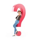 3d cartoon woman leaning under question mark