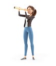 3d cartoon woman looking through telescope Royalty Free Stock Photo