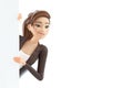 3d cartoon woman peeking out from behind wall Royalty Free Stock Photo