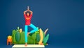 3D Cartoon Woman Practicing Yoga Vrikshasana Pose And Nature View On Blue Background