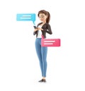 3d cartoon woman sending text messages with smartphone