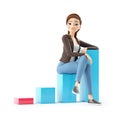 3d cartoon woman sitting on bar graph