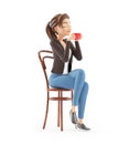 3d cartoon woman sitting on chair and smelling coffee