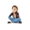 3d cartoon woman sitting on floor and thinking