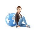 3d cartoon woman sitting next to earth