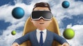 3D Cartoon Young Businessman in Virtual Reality Glasses Discovering Core Values Royalty Free Stock Photo
